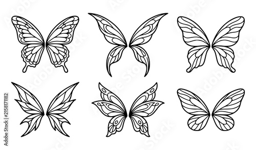 Fairy wings line art icon set with delicate fantasy wing outline vector designs