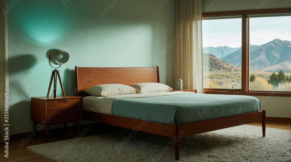 Fototapeta premium Mid century bedroom with teak bed and retro lamp. Teal light shines on wall. Mountain landscape views from large window. Cozy minimalist interior.