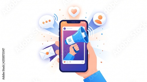 Hand holding smartphone displaying social media content with floating notification bubbles and vibrant colors