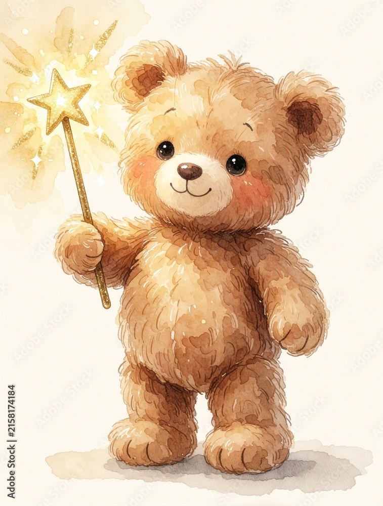 Fototapeta premium Cute brown teddy bear holds magic wand with glowing star. Fluffy stuffed animal sits alone on white background. Soft watercolor illustration of cuddly toy for kids. Magical fantasy concept for baby
