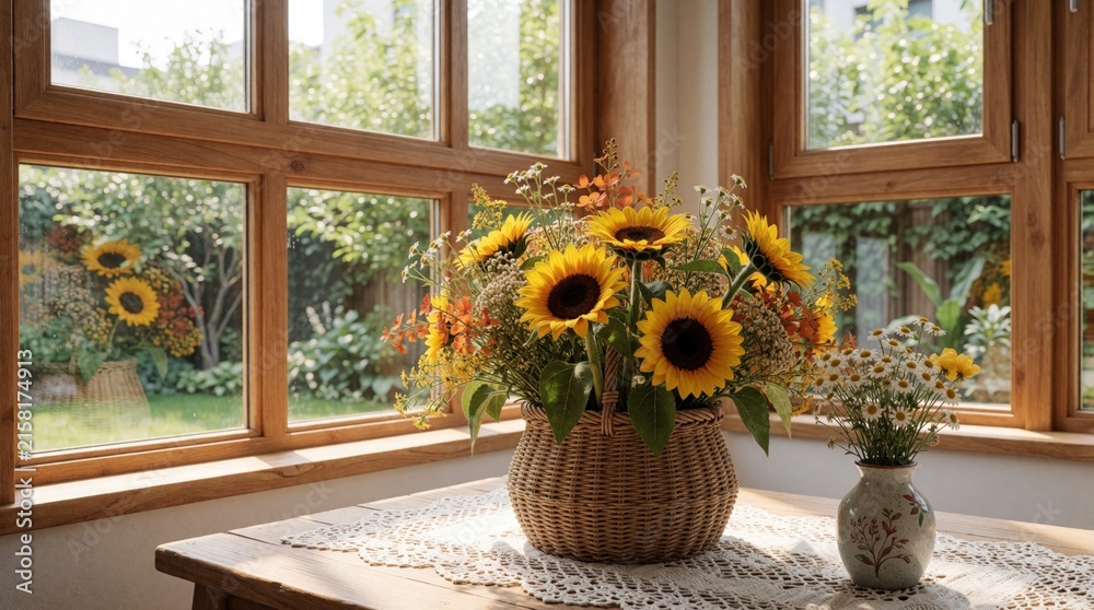 Fototapeta premium Bright modern loft interior with wooden windows. Large basket of yellow sunflowers, small daisy vase sit on table with white lace cloth. Sunny garden view through glass. Cozy home atmosphere with