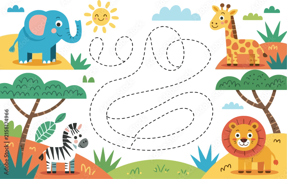 Naklejka premium animals tracing lines practice worksheet for children featuring elephant giraffe zebra and lion vector illustration worksheet elephant children practice education learning preschool