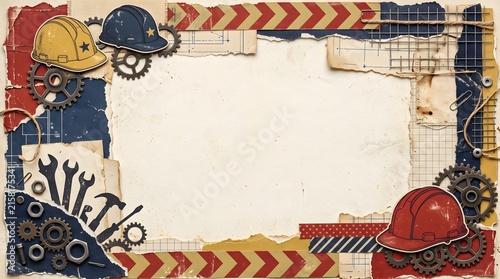 Industrial construction themed background featuring hard hats and metallic gears with a blank space for customized text and design elements