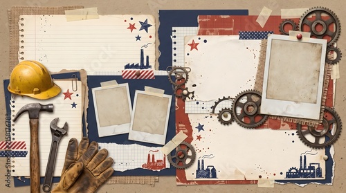 Labor Day Scrapbook Collage Background with Construction Tools and Blank Photo Frames