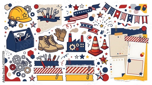 Modern Labor Day scrapbook elements with construction tools, hard hat, work boots, and American patriotic decorations on white background