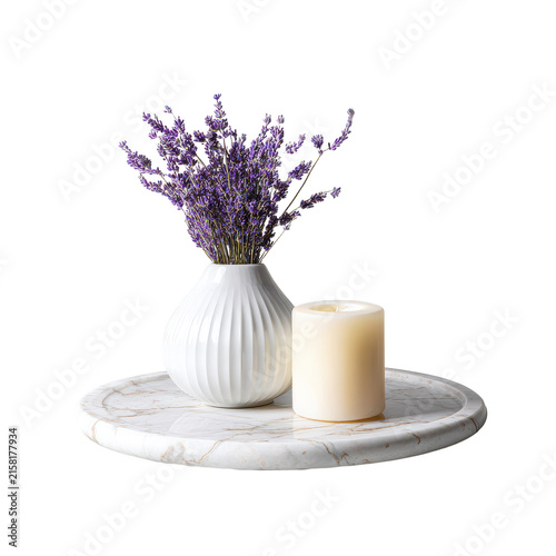 elegant white marble tray with a small vase and candle cutout isolated illustration cutout isolated illustration on transparent background