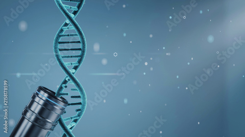 Photography DNA Double Helix Analysis with Microscope on Blue Scientific Background and Copy