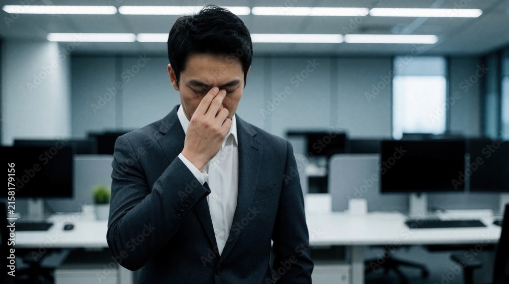 Fototapeta premium Man in dark suit rubs eyes in modern office. He looks tired, stressed, or has a headache. Empty cubicles and computers suggest late work hours.