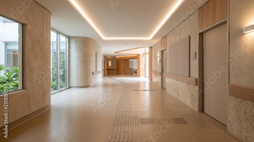 Modern minimalist medical clinic hallway with accessible tactile paving