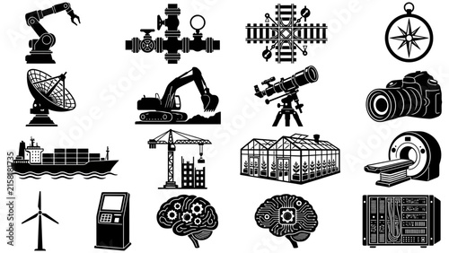 Industrial technology and heavy machinery icons including robotics green energy and computing.