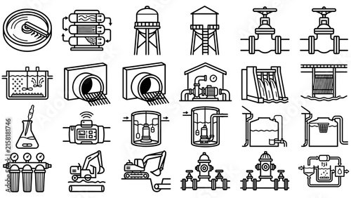 Industrial water infrastructure icon collection highlights treatment purification storage tanks.