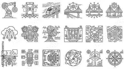 Industrial technology and urban infrastructure line icons for engineering, transportation, and energy.