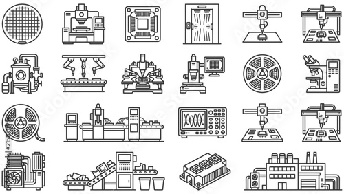 Monochrome electronics production and semiconductor manufacturing industrial machinery icons set.