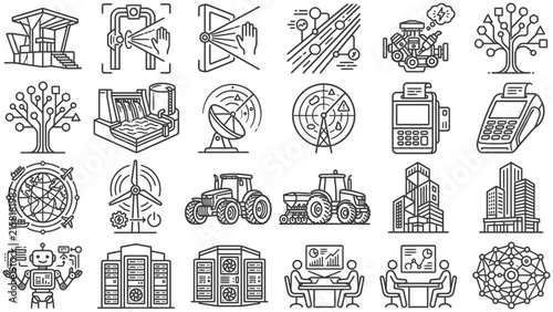 Monochrome smart technology and digital industry infrastructure icons set with data systems.