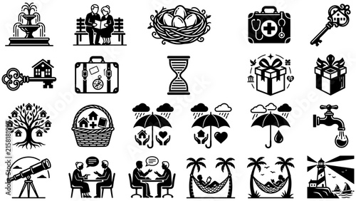 Set of black vector icons representing retirement and home ownership for modern life.