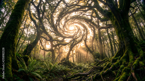 Enchanted forest with a swirling vortex of light amidst ancient trees and mossy roots.