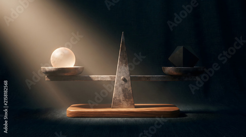 A vintage balance scale weighing a glowing orb against a dark pyramid, symbolizing choice and decision.
