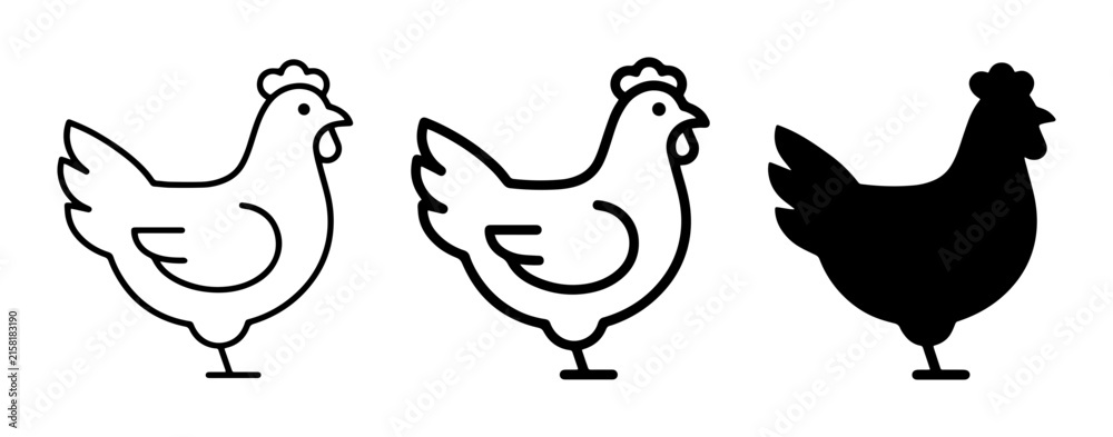 Fototapeta premium Chicken Icons Set: Line Art and Silhouette, Farm Animal Graphics, Poultry Vector Illustrations