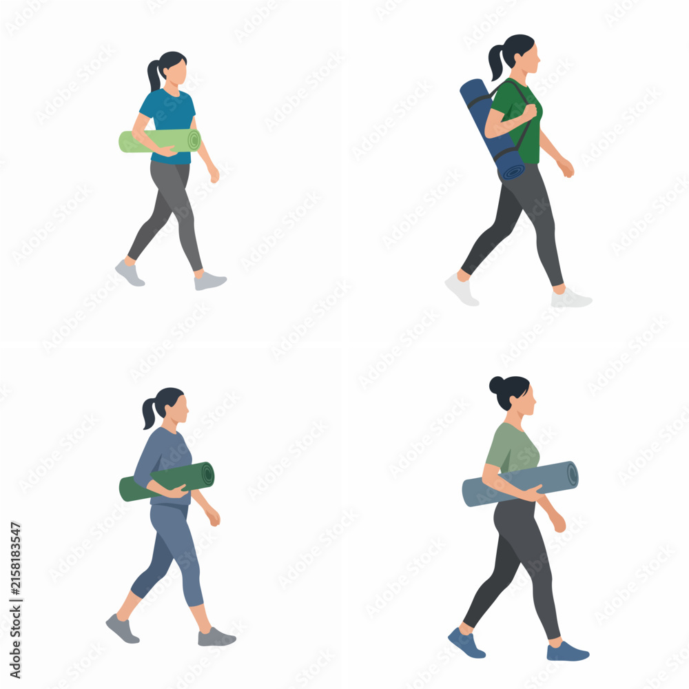 Fototapeta premium Flat vector illustration set of women walking with yoga mats for fitness and wellness concepts.