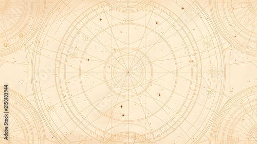 繊細な幾何学ラインと星図が描かれたアンティークな天文学・銅版画風の古紙テクスチャ背景素材