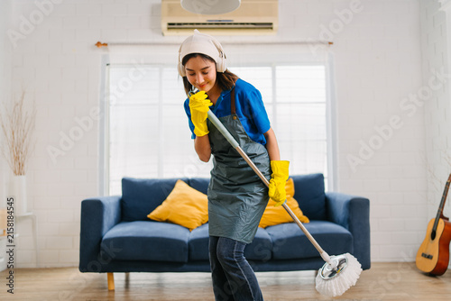 Young Woman Cleaning Mopping Modern Home Living Room Efficient Domestic Life