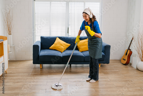 Happy Woman Mopping Floor Modern Living Room Home Cleanliness