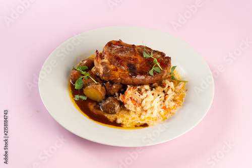 Konstfotografi Grilled Pork Neck Steak Roasted with Fresh Rosemary and Garlic