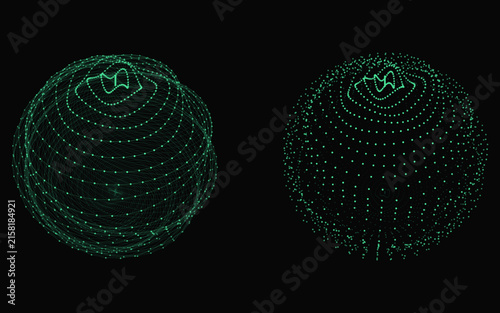 Abstract digital sphere made of glowing green dots, futuristic technology concept, 3d wireframe globe with wave pattern, data visualization, network connection, dark background
