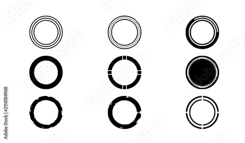 Black Empty Round Stamp Icon Set with Blank Circular Seal Borders