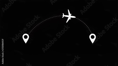 Airplane flight route animation with dashed trajectory path and location pin markers on black background 