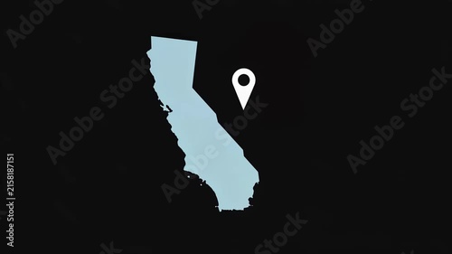 California map animation with San Francisco location pin and callout on black minimalist vector background 