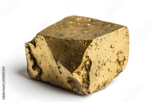  IA generated, natural golden pyrite cubic crystal specimen isolated on a white background. Raw mineral specimen.