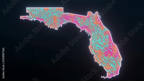Florida map animation with colorful pixels and digital grid nodes forming state silhouette on dark background 