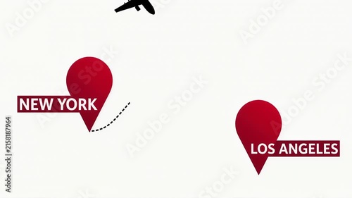 New York to Los Angeles flight route animation with airplane trajectory and location pins on white background 