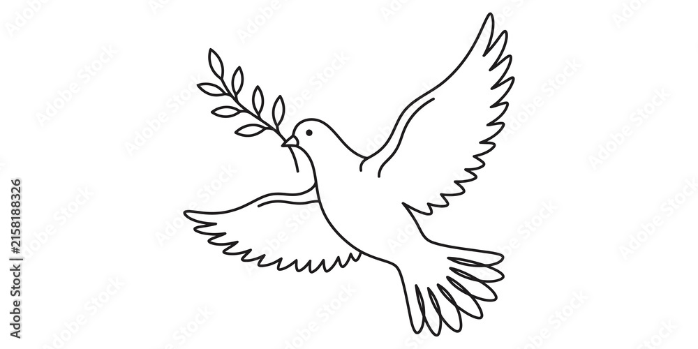 Fototapeta premium Dove of peace line art carrying olive branch for symbolic harmony.