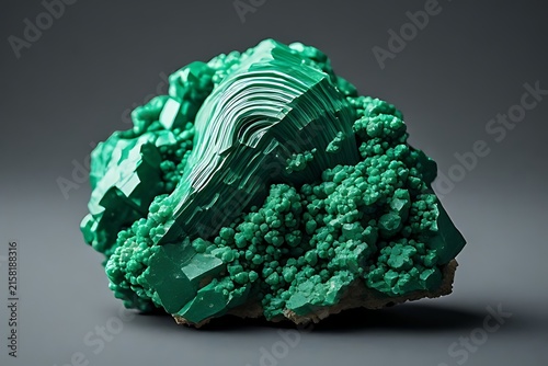 IA generated, raw green malachite mineral specimen with banded textures isolated on a solid background.