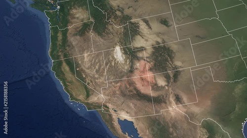 Realistic satellite map animation of California United States with geographic state border highlighted and camera zoom 