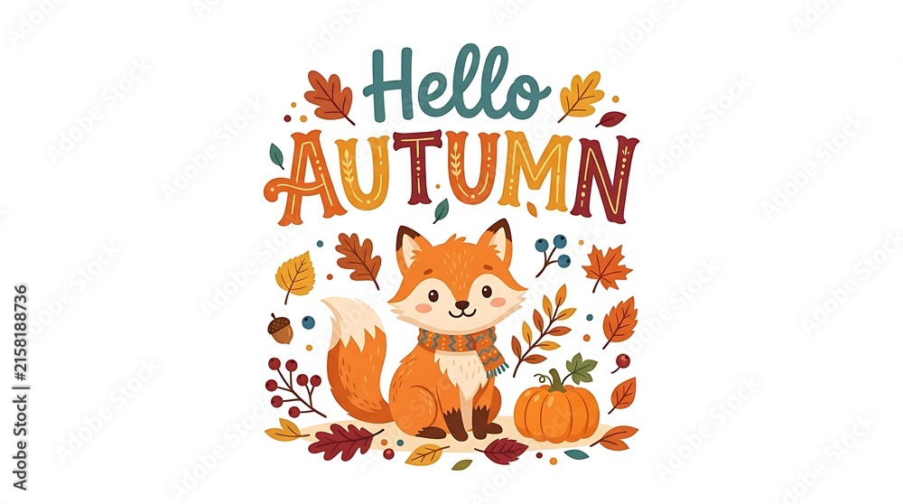 Fototapeta premium Hello autumn vector illustration design with cute fox pumpkin and falling leaves, illustration