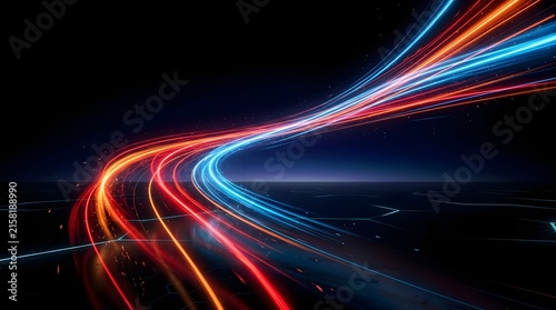 Abstract futuristic high speed light trails flowing in a curved dynamic path over dark reflective surface with glowing blue and orange neon lines representing data network