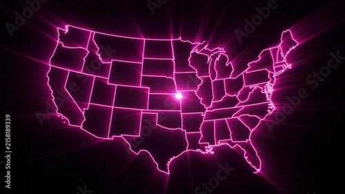 United States map animation with glowing magenta state borders and radiant light sweep on dark background seamless loop 
