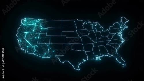 United States map animation with glowing state borders and blue digital data network pulses on black background 