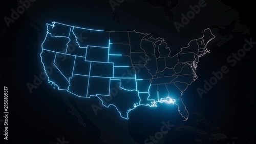 United States map outline animation with electric blue glowing energy stroke on black background seamless loop 