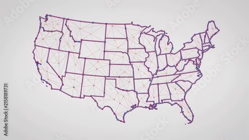 United States network map animation with colorful nodes and connecting lines forming a digital data visualization 