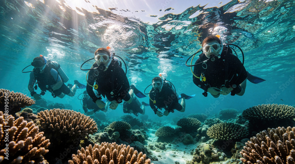 Fototapeta premium Group of scuba divers swim near coral reef in clear blue ocean water. People wear diving gear, mask to explore marine life. Sunlight shines from surface through bubbles as divers enjoy underwater