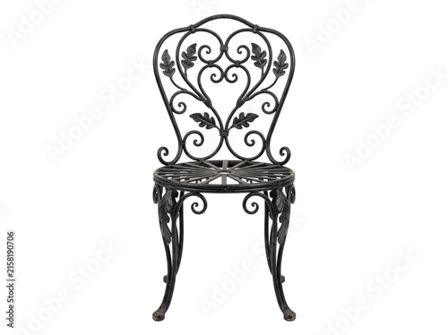 Vintage wrought iron garden chair with ornate scrollwork leaf pattern isolated on black background for outdoor patio furniture design, antique metal seating element, classic bistro decor.
