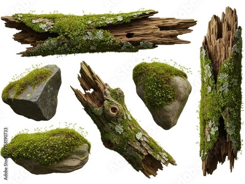 Moss-covered rocks and log with frog