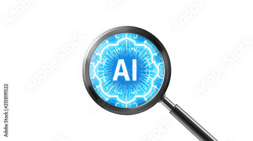 AI magnifying glass inspecting futuristic digital intelligence with glowing blue neural network hologram