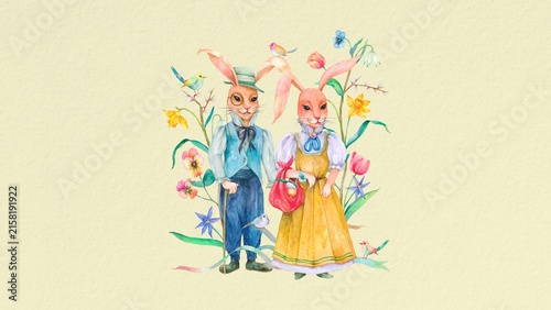 Quadro su tela Easter rabbit characters desktop wallpaper, watercolor illustration