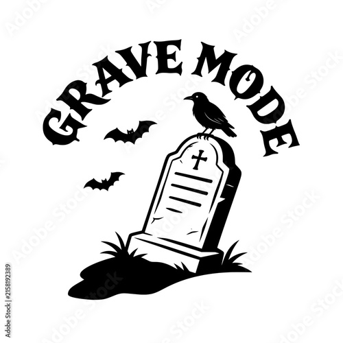 Grave mode silhouette spooky tombstone with crow and bats in moonlit night design.