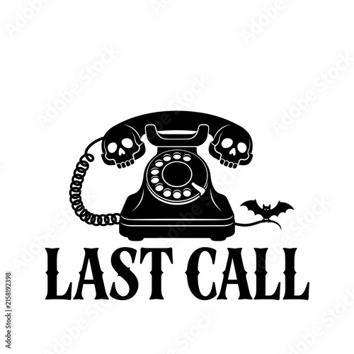 Last call halloween telephone vector with skulls and bat for retro spooky communication concept or haunted house designs.